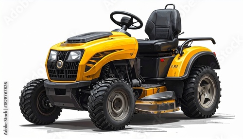 Yellow lawn mower rests on rugged ground—ritual of cultivated control and mechanical rhythm, where black seat and cutting deck choreograph the emotional architecture of labor, terrain, and seasonal ca