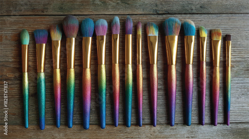Colorful Professional Makeup Brush Set Laying on Rustic Wooden Surface Flatlay