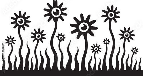 Whimsical Floral Pattern with Abstract Flowers and Eyes in Monochrome