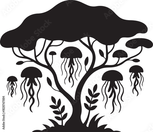 Whimsical Jellyfish Tree Silhouette Black and White Illustration Graphic