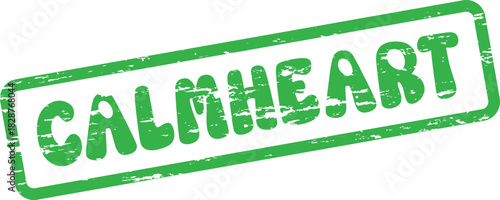 An authentic distressed green CALMHEART word stamp promoting tranquility, inner peace, and serene well being