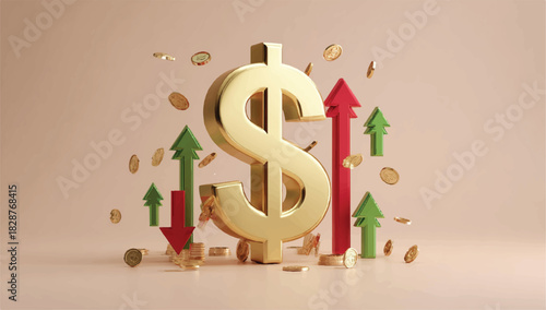 Dollar sign with up and down arrows indicating market fluctuations and investment