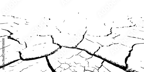 Black and white cracked earth texture with bold fissures and dried soil patterns. Minimalist high-contrast design ideal for backgrounds, drought concepts, environmental themes, and abstract artwork.