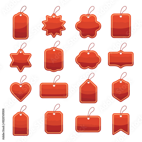 Set of blank red price tags with strings for retail and sales