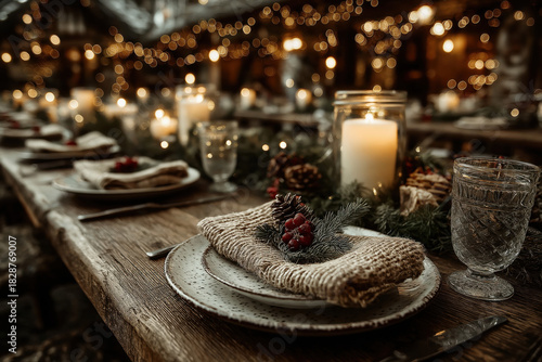 Table élégante dressée pour le dîner de Noël avec décorations festives, assiettes, bougies et ambiance chaleureuse pour les fêtes de fin d'année