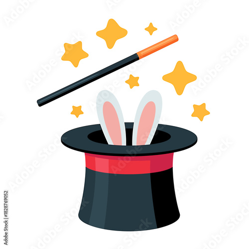 Magic hat with rabbit ears and wand, magical show illustration