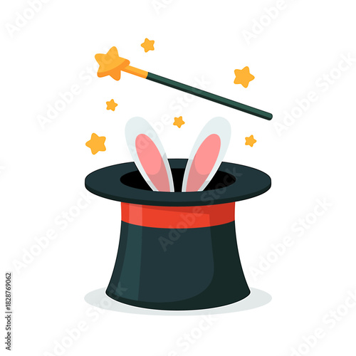 Magician's top hat with rabbit ears and magic wand trick icon