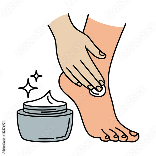 Foot care routine: hand applying moisturizing cream to a healthy foot.