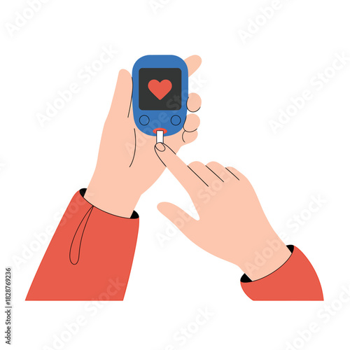 Blood glucose monitoring device in use, personal health checks.