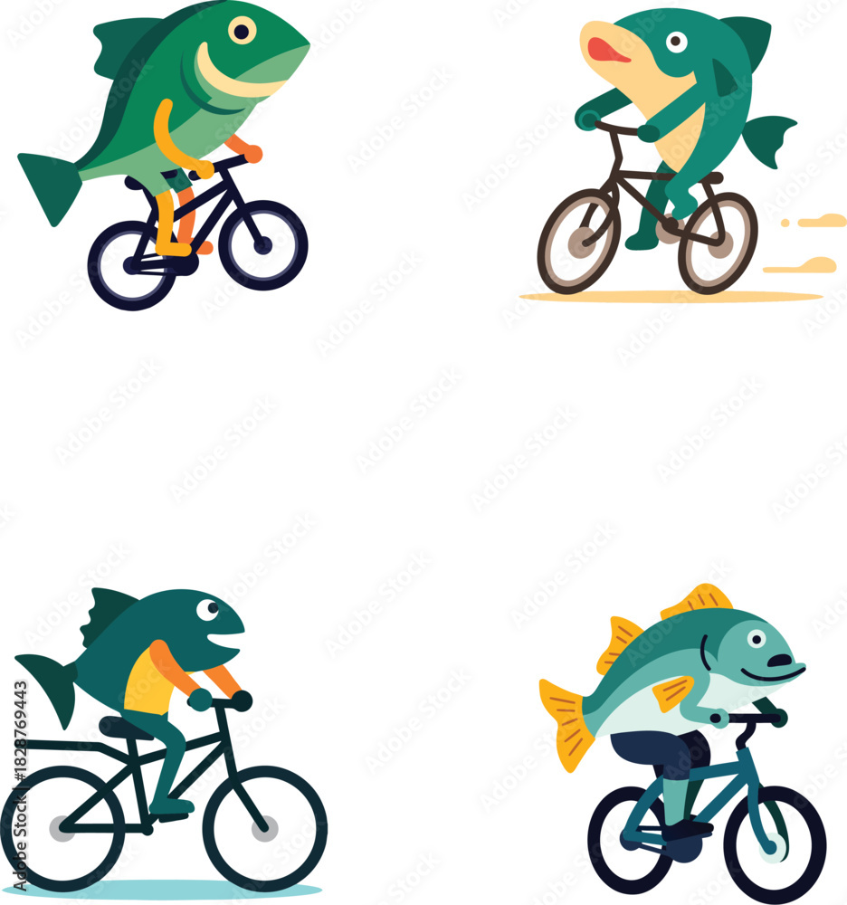 Obraz premium Cartoon Fish Riding Bicycle Illustration Funny Fish Cycling Vector Art