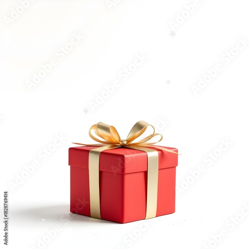 Christmas gift box wrapped in red paper with gold bow, isolated on white background