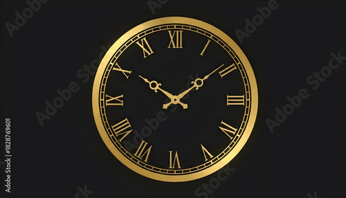 A clock face with Roman numerals, the hands pointing to midnight, set against a black background