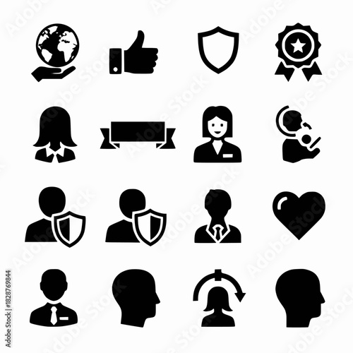 Comprehensive vector icon set of sixteen solid black glyphs depicting core business values such as global reach, customer satisfaction, quality assurance, security, and human resources.