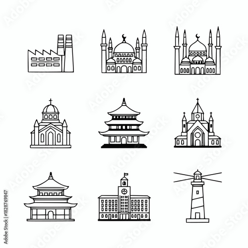 Outline vector icon set featuring a diverse collection of landmark buildings, including a factory, multiple mosques, Orthodox and Gothic churches, pagodas, a university, and a lighthouse.