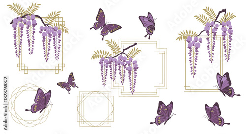 Elegant wisteria flowers and graceful butterflies for sophisticated designs, add a touch of nature's beauty to your projects with this charming composition