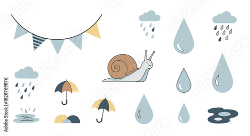 Whimsical rainy day elements including a cute snail, raindrops, clouds, and umbrellas for creative projects and designs with a playful feel