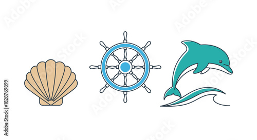 Nautical charm with a ship's wheel, playful dolphin leaping over waves, and a beautiful seashell, all emblems of coastal adventure and ocean life