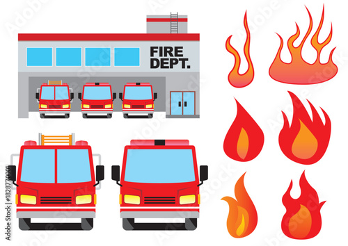 Cartoon fire station with trucks and flames illustration