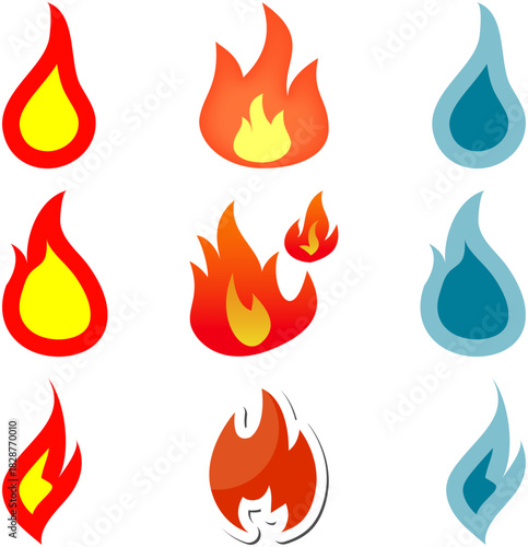 Collection of stylized fire and water droplet icons