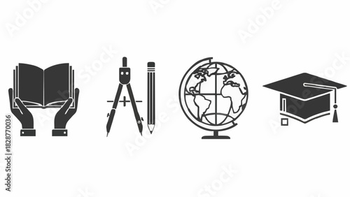 Comprehensive set of educational icons symbolizing knowledge acquisition, academic journey, global learning, and successful graduation achievements