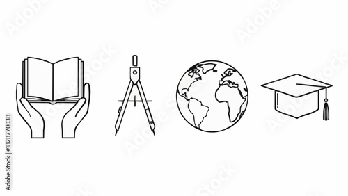 Comprehensive line art icon set representing education, global knowledge, and academic achievement. Ideal for school, university, and study designs
