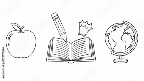 Back to School Doodle Apple, Open Book, Globe Line Art for Education Resources