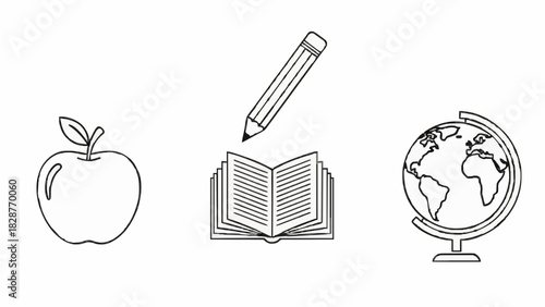 Back to school concept with educational icons set for learning, writing, and world geography on a white background