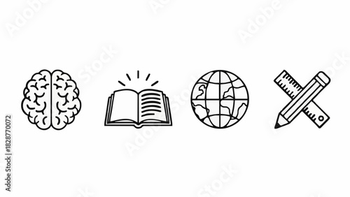 Icons of Learning Brain, Book, Globe, and Pencil Set