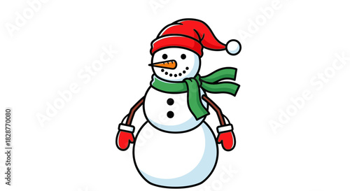 Festive snowman with red hat and green scarf, spreading winter cheer for holiday designs and seasonal greetings, originally a scalable vector graphic