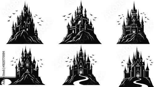 Fantasy castle silhouette illustration set, gothic architecture, rocky terrain, flying birds, medieval theme, vector artwork, white background