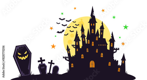 Spooky Halloween night illustration featuring haunted castle, bats flying past a full moon, tombstones, and creepy coffin with glowing eyes, perfect for themed designs