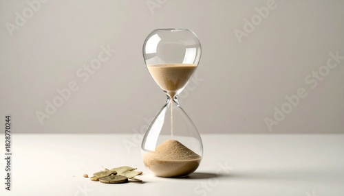 A clear glass hourglass with sand trickling down, placed beside dried leaves on a white surface.