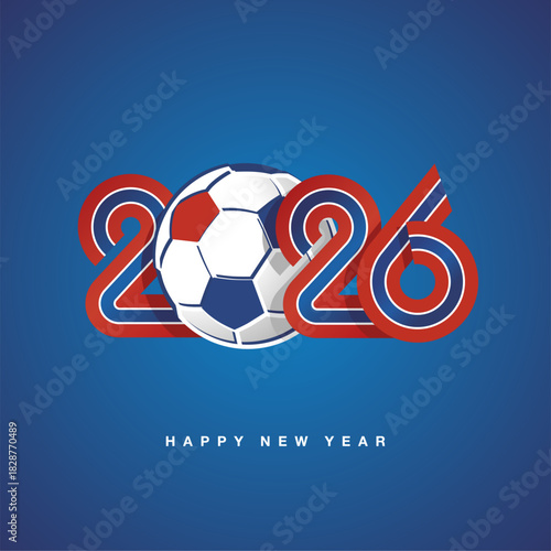 2026 New Year compact red white blue Norway ribbon flag numbers design with soccer ball on blue background. New Year 2026 concept template greeting card