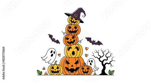 Spooky Halloween fun with stacked pumpkins, friendly ghosts and bats, perfect for party invitations, seasonal graphics, greeting cards or social media posts