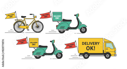 Quick delivery transport: Bike, scooter and truck for fast shipping, perfect for logistics solutions and modern urban transport, promoting speed and efficiency