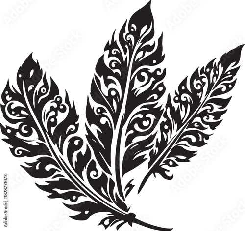 Three Decorative Feathers Vector Illustration Ornate Scrollwork Pattern Tribal Swirl Tattoo Design Graphic Element