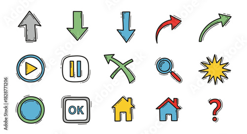 Assorted hand-drawn style navigation elements and interface symbols, perfect for website design, app development, or user interface illustrations