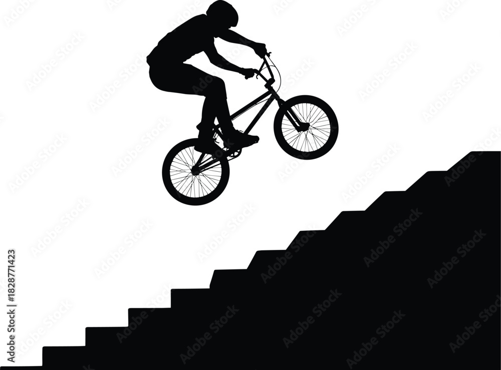 Fototapeta premium Helmeted BMX rider executes daring stair jump in silhouette, showcasing precision, control, and thrill of urban stunt biking.