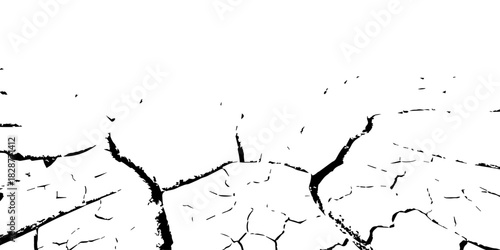 High-contrast black and white cracked earth texture with deep fissures and dried soil patterns. Ideal for environmental themes, drought concepts, abstract backgrounds, and graphic design elements.
