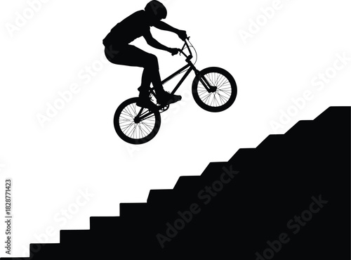 Helmeted BMX rider executes daring stair jump in silhouette, showcasing precision, control, and thrill of urban stunt biking.