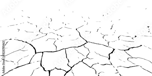 High-contrast black and white cracked earth texture with deep fissures and dried soil patterns. Ideal for environmental themes, drought concepts, abstract backgrounds, and graphic design elements.