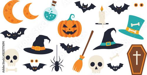 Halloween illustration set, festive icons, spooky symbols, bats, pumpkins, skulls, witch hats, vector artwork, white background