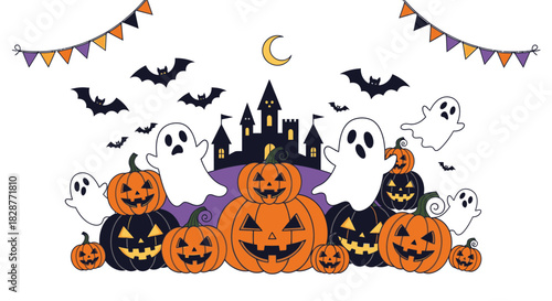 Spooky Halloween fun with smiling pumpkins, friendly ghosts, bats, and a haunted castle, perfect for cards, flyers, or social media posts
