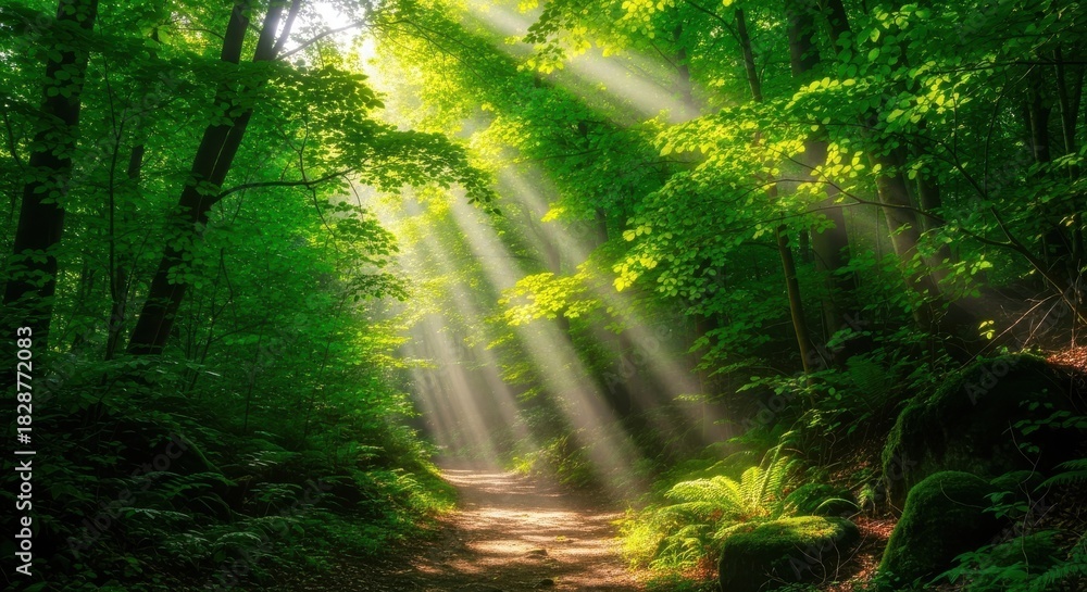 Obraz premium Sunbeams through lush green forest canopy path