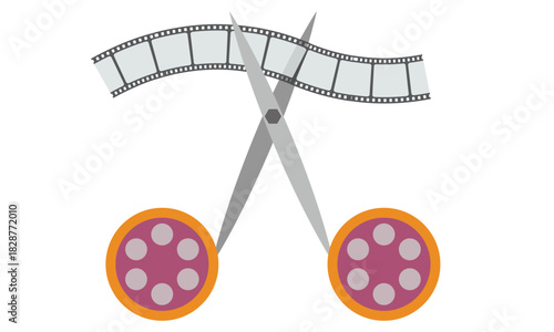 Scissors Cutting Film Strip Over Cinema Reels: Editing, Filmmaking, Creative Process, Symbolizing Art