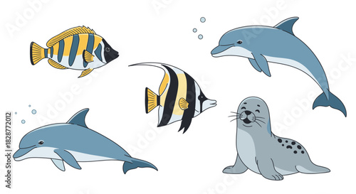 Delightful marine life drawing featuring playful dolphins, colorful tropical fish, and a cheerful seal, perfect for children's books and educational projects