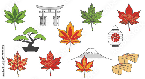 Vibrant Japanese cultural elements, serene nature, and iconic symbols evoking travel, tradition, and beauty in a stunning vector graphic art piece