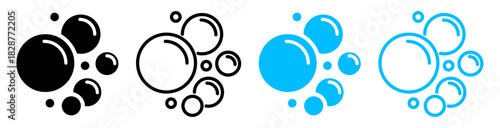 Air bubbles and foam icons with fizz effects, aquarium air bubbles and laundry foam elements in outline vector style.