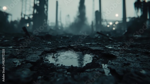A dark puddle of viscous fluid pools around cracked earth and debris in a desolate, post apocalyptic landscape with faint lights in the distance