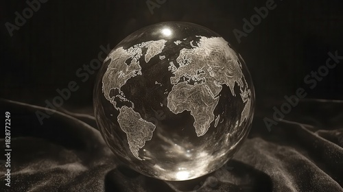 A clear crystal globe with an etched world map sits on a dark textured surface illuminated by soft light